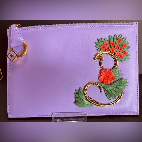 VERSACE Calfskin Flower Barocco Pouch in Violet Authentic - Picture 12 of 15